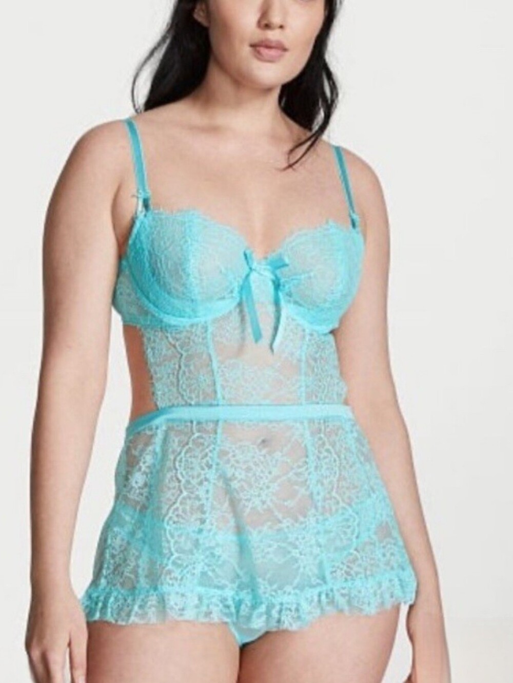 Victoria's Secret Aqua Wicked La Fluer Open Back Sheer Lace Lingerie, SIZE M